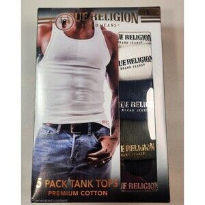 True Religion Mens L (42"-44") 5-Pack Asst Color Cotton Ribbed Tanks Undershirts